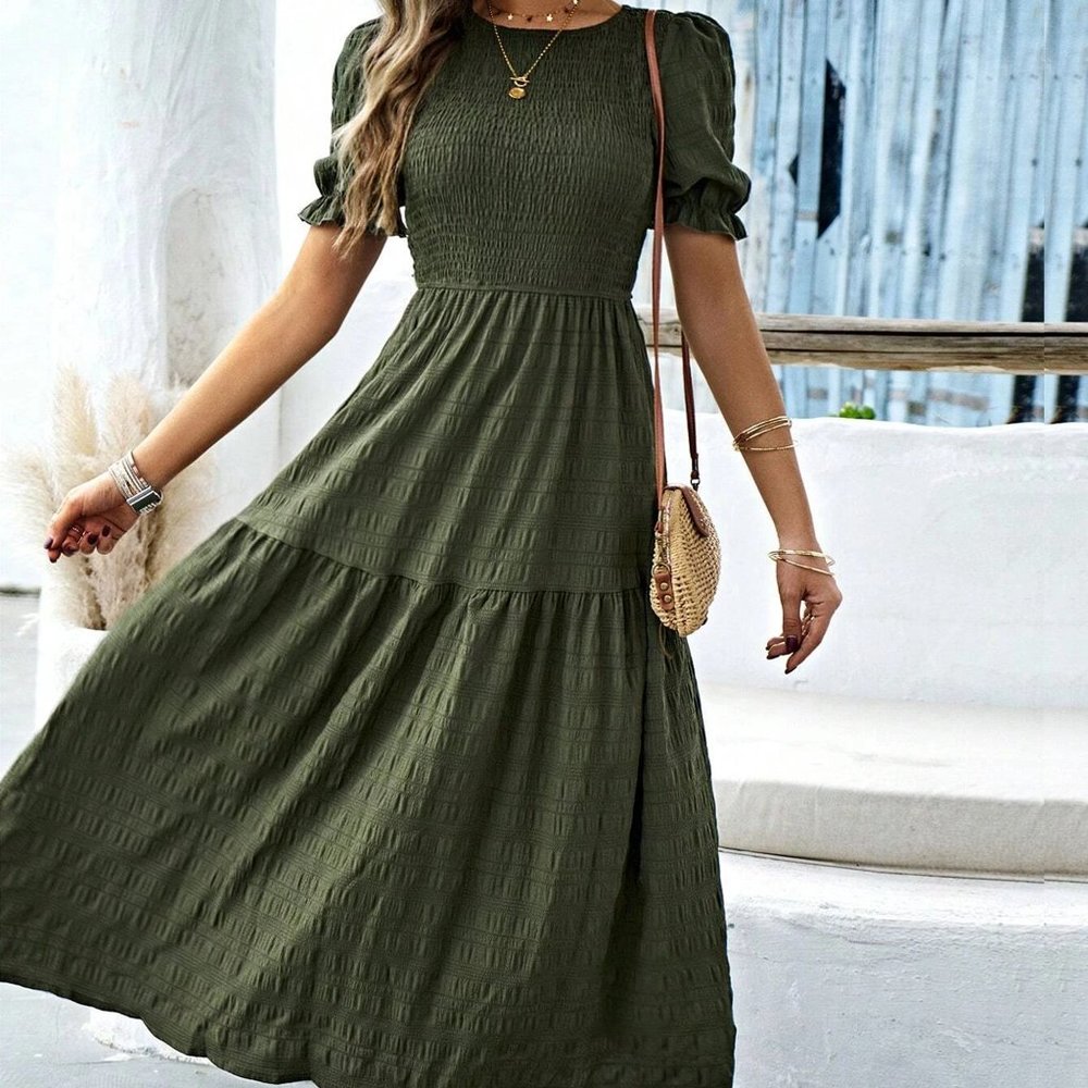Puff Sleeve Shirred Ruffle Hem Dress